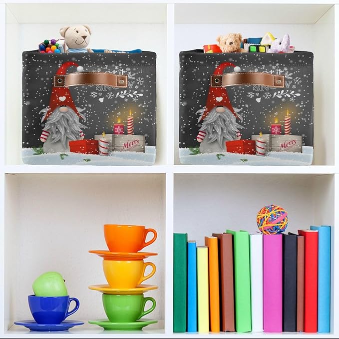 Winter Gnomes Storage Basket Fabric Kitchen Baskets Let it Snow Christmas Decorations Open Home Storage Bins Boxes Foldable Organizer Bag for Toy Book Shelf Closet Baskets 16×12×8 Inches