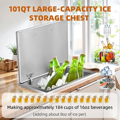 Upgraded Drop in Ice Chest, Stainless Steel Ice Cooler, Commercial Ice Bin with Cover, Outdoor Kitchen Ice Bar, Drain-Pipe and Drain Plug Included, for Cold Wine Beer