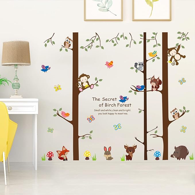 Cartoon Birch Trunks and Animals Wall Decals Forest Tree Wall Sticker DIY Peel and Stick Owls Monkey Birds Decal for Living Room Kitchen Playroom Nursery Kids Bedroom Classroom Home Decoration (C)