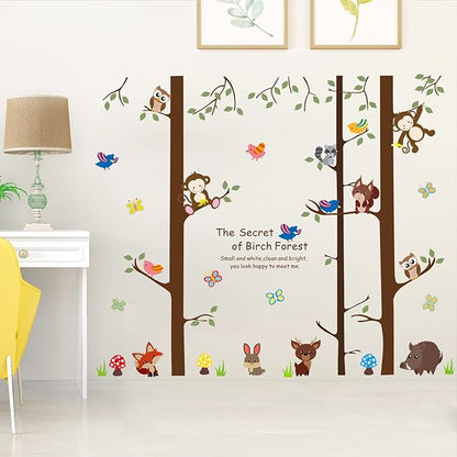 Cartoon Birch Trunks and Animals Wall Decals Forest Tree Wall Sticker DIY Peel and Stick Owls Monkey Birds Decal for Living Room Kitchen Playroom Nursery Kids Bedroom Classroom Home Decoration (C)