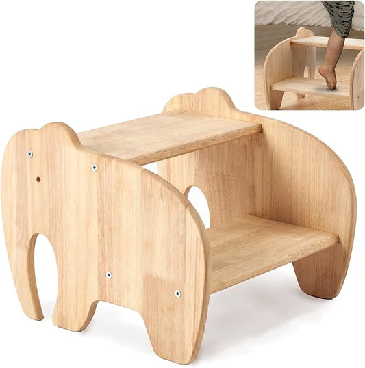 Wooden Step Stool for Kids, Toddler Step Stool of Elephant Shape Two Step Children's Stool for Bathroom Sink, Kitchen, Bedroom, Potty Training