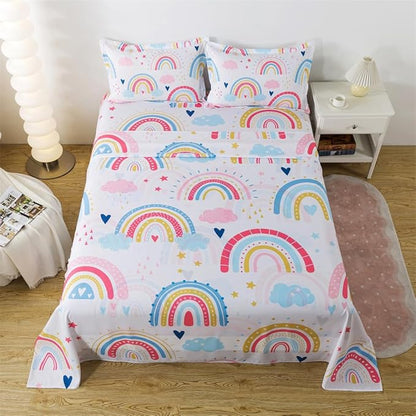 qjmiaofang Rainbow Twin Sheets Girls Rainbow Fitted Sheet for Kids Rainbow Bed Sheets 3Pieces Cartoon Rainbow Flat Sheet with Clouds Printed Bed Set Little Rainbow Bedding Set for Home Decor