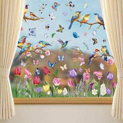 9PCS Summer Window Stickers, Spring Flower Bird Butterfly Tree Branches Glass Window Cling Stickers Cartoon Decoration Stickers for Living Room Office Home Party Supplies Shop