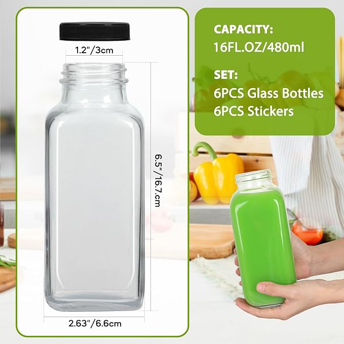 16 oz Juicing Bottles Reusable Glass 6 Pack, Square Glass Juice Bottles with Lids & Stickers,Clear Empty Glass for Beverages, Jams, Kombucha, Milkshakes,Oils or Spices(16fl.oz,set of 6)