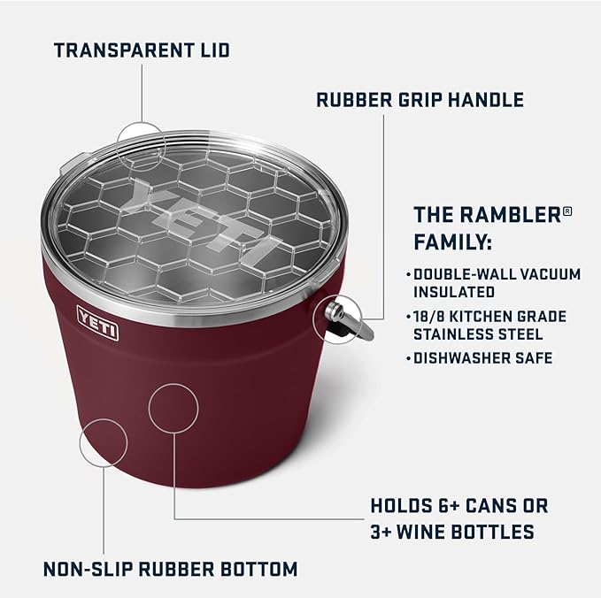 YETI Rambler Beverage Bucket, Double-Wall Vacuum Insulated Ice Bucket with Lid, Wild Vine Red