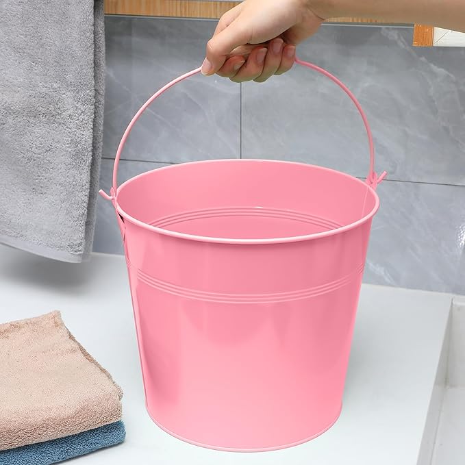 12 Pcs Large Galvanized Metal Buckets with Handle 10 Inch Heavy Duty Stainless Steel Pails Round Pail for Party Wedding, Crafts, Utensils, Table Centerpieces (Pink)