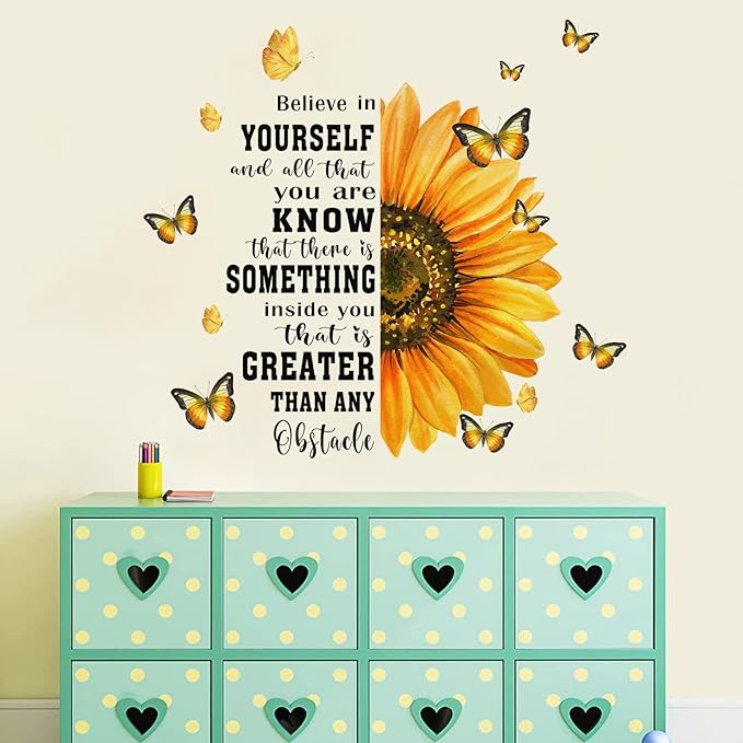 Mfault Spring Summer Sunflower Inspirational Wall Decals Stickers, Fall Flowers Motivational Believe in Yourself Quote Decorations Girls Bedroom Art, Positive Butterfly Home Kitchen Living Room Decor