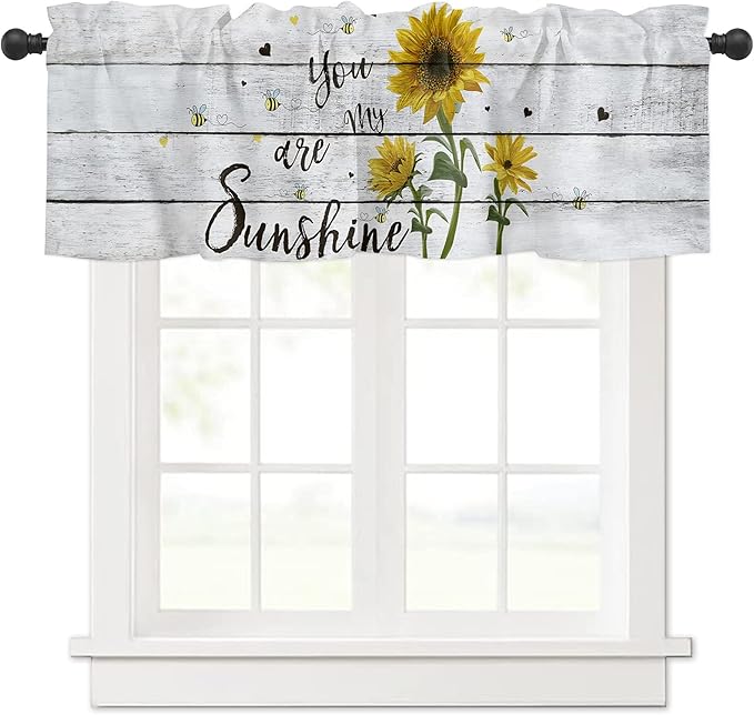 Sunflower Valance Curtains for Windows Kitchen/Bedroom/Living Room,Farmhouse Rustic Vintage Wood Rod Pocket Short Curtains Semi Sheer Window Treatments 54" X 18" -1 Panel-You are my Sunshine