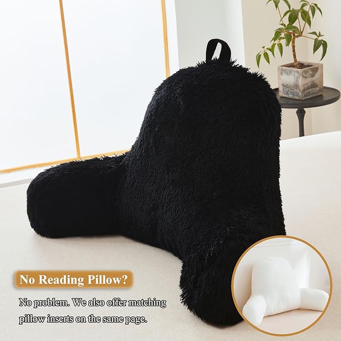 XeGe Faux Fur Reading Pillow Cover (No Filler), Fluffy Backrest Pillow Case for Sitting in Bed, Adults Kids Shaggy Sit Up Back Support Study Pillow Cover for Couch Chair Home Decoration, Black