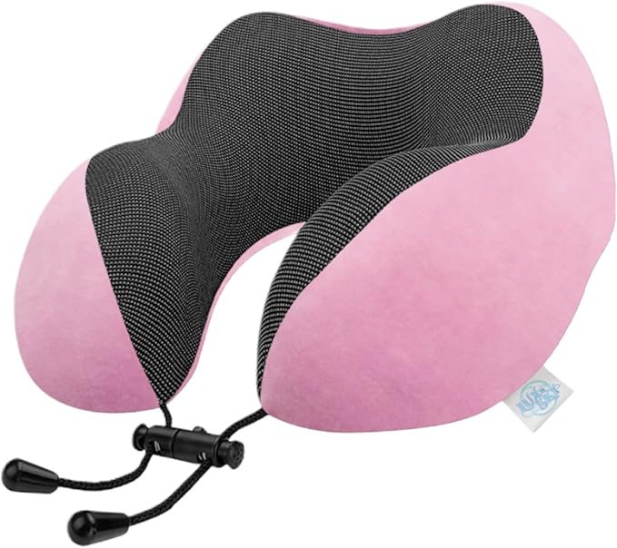 Lux & Sky Cooling Memory Foam Travel Neck Pillow Set for Airplane Car, Home, Office | Travel Essential Neck Pillow with Sleeping Mask & Earplugs | 3 in 1 U Shape Memory Foam Travel Pillow (Pink)