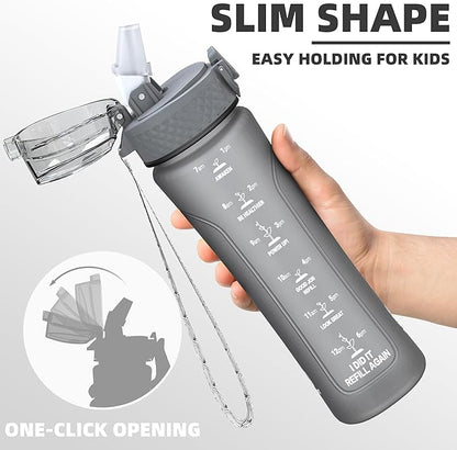 15oz Kids Sports Water Bottles for School with Straw Lid (Grey)