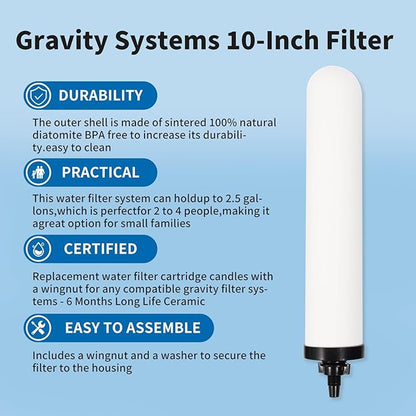 10" Gravity Drinking Water Ceramic Replacement Candle Element Filter with Activated Carbon, 10-Inch Gravity Water Replacement Filter for Basic Purification Gravity Water Filter -4 PACK