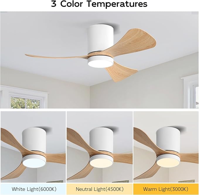 42 Inch Low Profile Ceiling Fan with Lights, Modern Flush Mount Ceiling Fan, 3 ABS Blades, 6-Speed, Reversible DC Motor, Noiseless, for Indoor/Outdoor Kitchen Bedroom, White+Wood