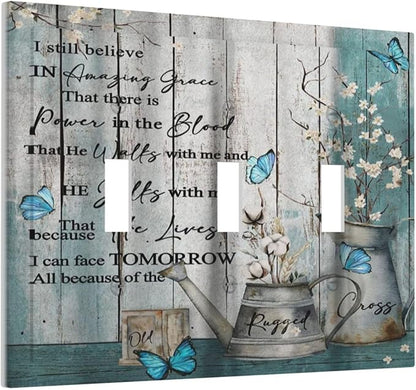 Vintage Teal Butterfly Inspirational Quotes Wood Plank 3 Gang Light Switch Covers Triple Toggle Wall Plate Decorative Switchplate Electrical Faceplate for Farmhouse Country Bedroom Kitchen Decor