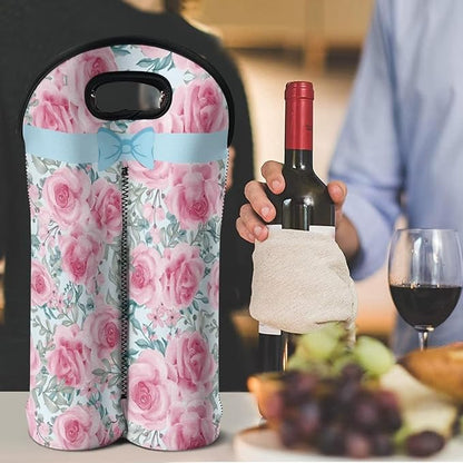 doginthehole Pink Rose Wine Bag Portable Neoprene Wine Tote Holders 2 Bottle Wine Carrying Bag Wine Bottle Covers Champagne Bottle Protector Bag for Home Travel and Picnic, Gift for Wine Lover