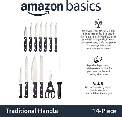 Amazon Basics 14-Piece Kitchen Knife Set with High-Carbon Stainless-Steel Blades and Pine Wood Block, Black