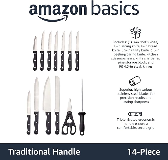 Amazon Basics 14-Piece Kitchen Knife Set with High-Carbon Stainless-Steel Blades and Pine Wood Block, Black