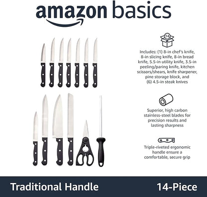 Amazon Basics 14-Piece Kitchen Knife Set with High-Carbon Stainless-Steel Blades and Pine Wood Block, Black