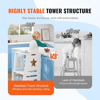 VEVOR Tower Step Stool, 3-Level Height Adjustable Toddler Step Stools for Kids, Kitchen Stool Helper, Bamboo Standing Tower Learning Stool with Safety Rail for Kitchen Counter Bathroom, 350LBS, White