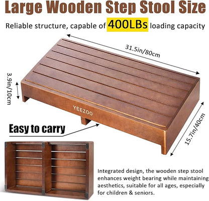 Wooden one Step Stool- Solid Pine Wood Step Riser with Non-Slip Pads, Wood Step Stool for Elderly Adults, high Bed, Bathroom, Kitchen (31.5" L*15.7" W*3.9" H, Brown, 400LBs Capacity)