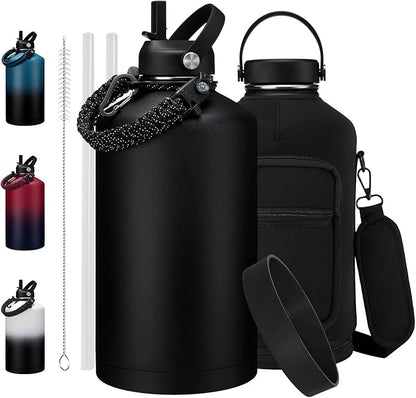 1 Gallon Insulated Water Jug with Straw - Double Wall Vacuum Insulated Black Water Bottles 128 oz, Gallon Water Bottle w/Paracord Handle, Protective Boot, Water Bottle with Strap for Gym Work Travel