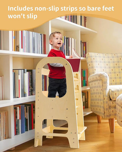 Toddler Helper Tower - Adjustable Height Toddler Learning Tower with 2 Safety Rails for Stability Wood Toddler Kitchen Stool Helper for Learning and Cooking - Ideal for Kids