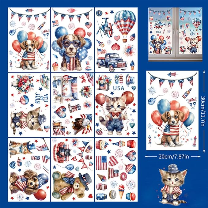 132Pcs Patriotic Window Clings Independence Day Window Stickers 9 Sheets Double-Sided USA Flag Stickers Fireworks Star Cat Dog 4th of July Window Decals Memorial Day Decor for Home School Decorations