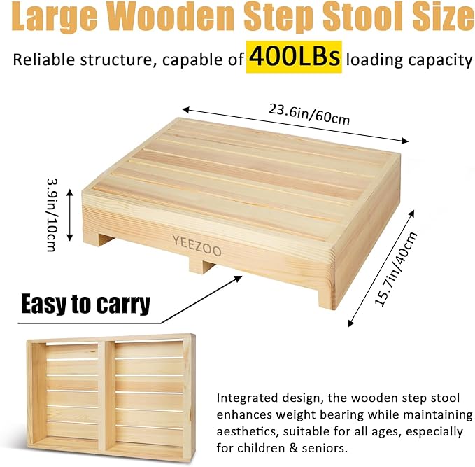 Wooden one Step Stool- Solid Pine Wood Step Riser with Non-Slip Pads, Wood Step Stool for Elderly Adults, high Bed, Bathroom, Kitchen (23.6" L*15.7" W*3.9" H, Natural, 400LBs Capacity)