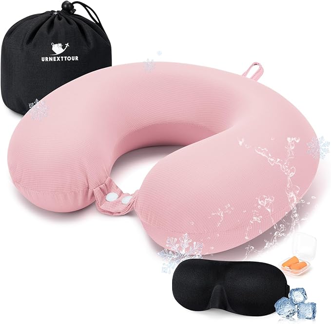 Travel Pillow, Cooling Neck Pillow Airplane Memory Foam with Sleep Mask Earplugs, Soft & Support Airplane Pillow for Travelling Plane Car Train Home Use, Pink