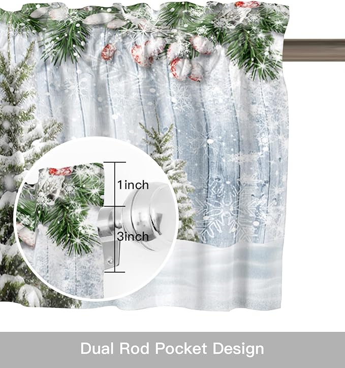 Vandarllin Merry Christmas Kitchen Curtains and Valances Set, Xmas Snowman Snowy Pine Tree Windows Treatments Tiers Half/Short Curtains for Small Windows Cafe/Living Room/Bedroom 54x24 in Blue Winter