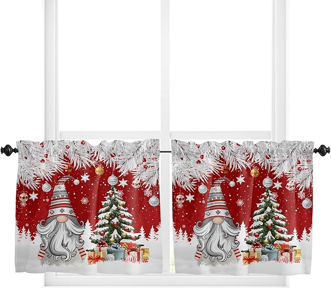 Vandarllin Christmas Gnome Kitchen Curtains and Valances Set, Winter Merry Christmas Tree Balls Windows Treatments Tiers Half/Short Curtains for Small Windows Cafe/Living Room/Bedroom 54x24 in Red