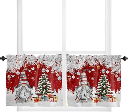 Vandarllin Christmas Gnome Kitchen Curtains and Valances Set, Winter Merry Christmas Tree Balls Windows Treatments Tiers Half/Short Curtains for Small Windows Cafe/Living Room/Bedroom 54x36 in Red