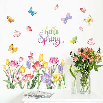 Mfault Hello Spring Wall Decals Stickers, Tulip Flower Butterfly Decorations Bedroom Art, Floral Seasonal Home Kitchen Decor Party Supplies