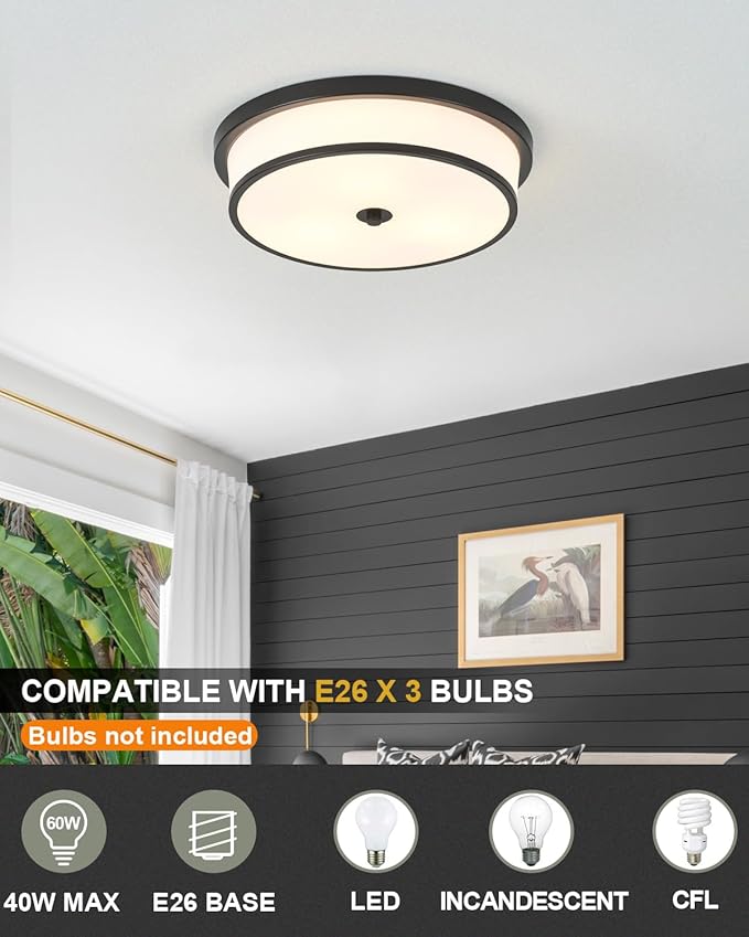 16 inch Flush Mount Ceiling Light, 3-Light Close to Ceiling Light Fixtures with Black Finish for Livingroom Bedroom Kitchen Diningroom(Black)