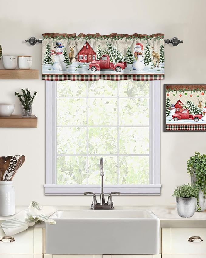 Vandarllin Christmas Farmhouse Kitchen Curtains Valances for Windows Snowman Farm Red Truck Rod Pocket Window Treatment for Kitchen/Living Room/Bedroom/Bathroom,42" X 18" -1 Panel, Winter Holiday