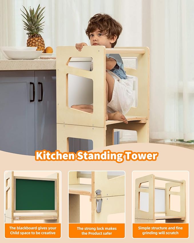 Toddler Tower, Toddler Kitchen Stool Helper, Foldable Weaning Table with Chalkboard and Safety Rail, Montessori Kids Toddler Standing Tower and Kids Step Stool for Bathroom and Counter