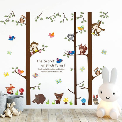 Cartoon Birch Trunks and Animals Wall Decals Forest Tree Wall Sticker DIY Peel and Stick Owls Monkey Birds Decal for Living Room Kitchen Playroom Nursery Kids Bedroom Classroom Home Decoration (C)