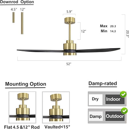 52" Wood Ceiling Fan with Lights and Remote Control, 3 Blades 6-Speed Dimmable Light Reversible DC Motor Ceiling fan for Kitchen Bedroom Dining Living Room, Black Wood Blades with Gold