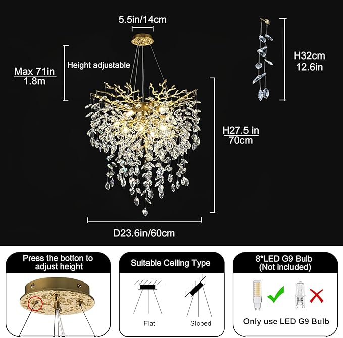 24 inch Crystal Chandelier for Dining Room, Round Gold Tree Branches Chandeliers, Top K9 Crystal Chandelier, Modern Chandeliers for Kitchen,Foyer Entryway,Luxury Adjustable Hanging Chandelier