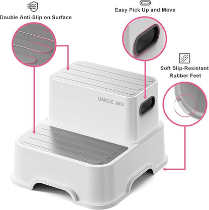 UNCLE WU Two Step Stool for Kids -Study Step Stool for Bathroom Sink-Light Weight,Two Non-Slip Step Stool for Toilet Potty Training, Kitchen, Bedroom & Livingroom(Gray White)