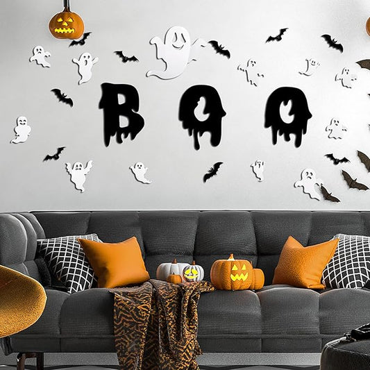 25Pcs Halloween Wall Decor 3D White Ghost Wall Decals Self-Adhesive Cute Halloween Decorations Black Bats Wall Stickers Gothic Designs Halloween Ghost Decorations for Window Home Party Decor Supplies