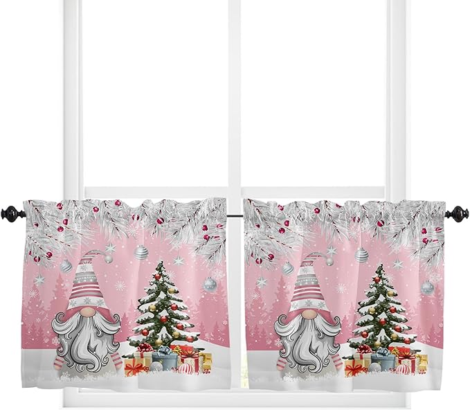 Vandarllin Christmas Gnome Kitchen Curtains and Valances Set, Winter Merry Christmas Tree Balls Windows Treatments Tiers Half/Short Curtains for Small Windows Cafe/Living Room/Bedroom 54x36 in Pink