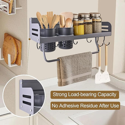 Spice Rack Organizer Wall Mount, Seasoning Rack with Hook,Space Aluminum Space Saver Racks for Kitchen, No Punching Required Wall Storage Organizer, Multifunctional Home Storage Rack