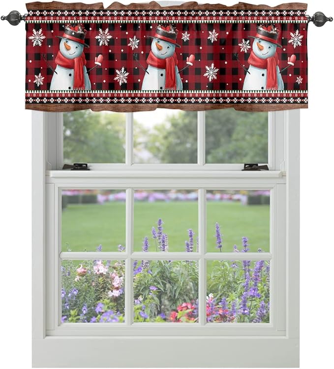 Vandarllin Christmas Kitchen Curtains Valances for Windows Funny Snowman Snowflake Rod Pocket Window Treatment for Kitchen/Living Room/Bedroom/Bathroom,60" X 18" -1 Panel, Red Farmhouse