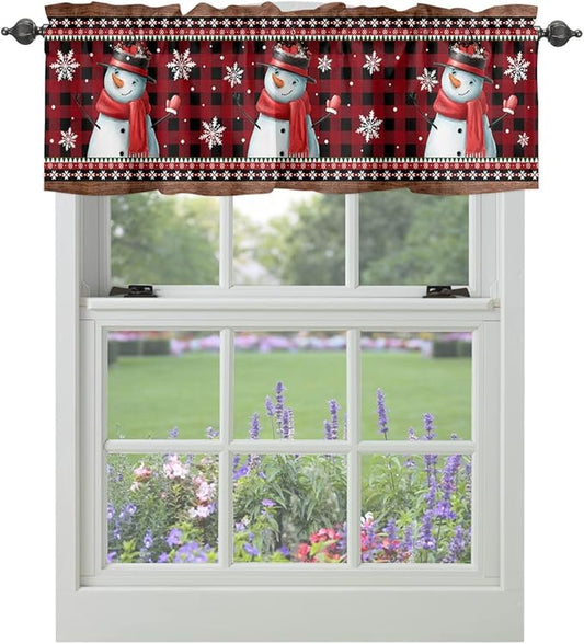 Vandarllin Christmas Kitchen Curtains Valances for Windows Funny Snowman Snowflake Rod Pocket Window Treatment for Kitchen/Living Room/Bedroom/Bathroom,42" X 18" -1 Panel, Red Farmhouse