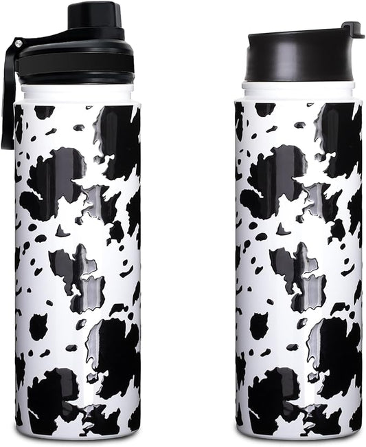 1pc Cow Print Sport Water Bottle with Straw 4 Lids,Birthday Gifts for Women Insulated Cups Funny Gifts for Girlfriend Cow Print Stuff Gifts for Daughter Cow Lovers Black