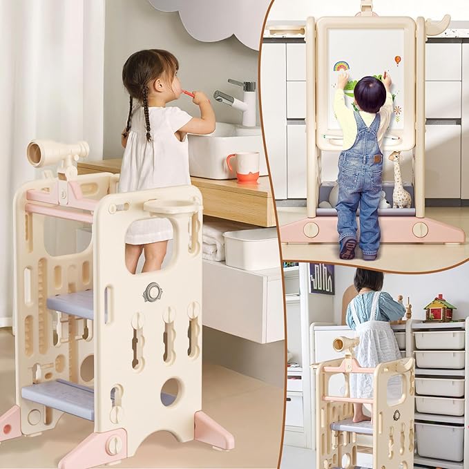 7 in 1 Kitchen Toddler Step Stool, Multifunctional Toddler Learning Tower with Double Safety Rails, 3 Adjustable Heights Anti-Slip Protection Toddler Step Stool for Bathroom Sink