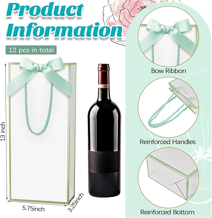 12 Pcs Wine Gift Bag with Ribbon Bow Reusable Liquor Bag with Foil Print Wine Bag Elegant Thank You Wine Gift Bag for Christmas Valentine's Day Wedding Shower Birthday Holiday (White Green)