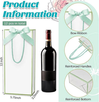 12 Pcs Wine Gift Bag with Ribbon Bow Reusable Liquor Bag with Foil Print Wine Bag Elegant Thank You Wine Gift Bag for Christmas Valentine's Day Wedding Shower Birthday Holiday (White Green)