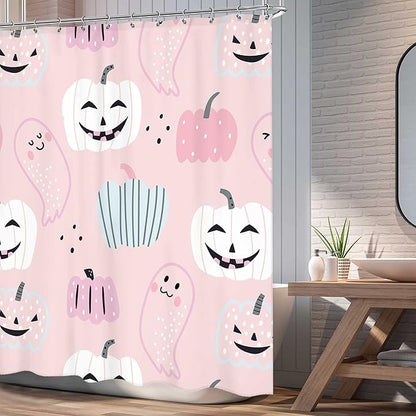 Pink Halloween Pumpkin Shower Curtain 60Wx72L Inch Cartoon Cute Ghost Kids Shower Curtain Bathroom Set Funny Spooky Girl Child Trick or Treat Bath Curtain Bathtub Accessories Home Decor